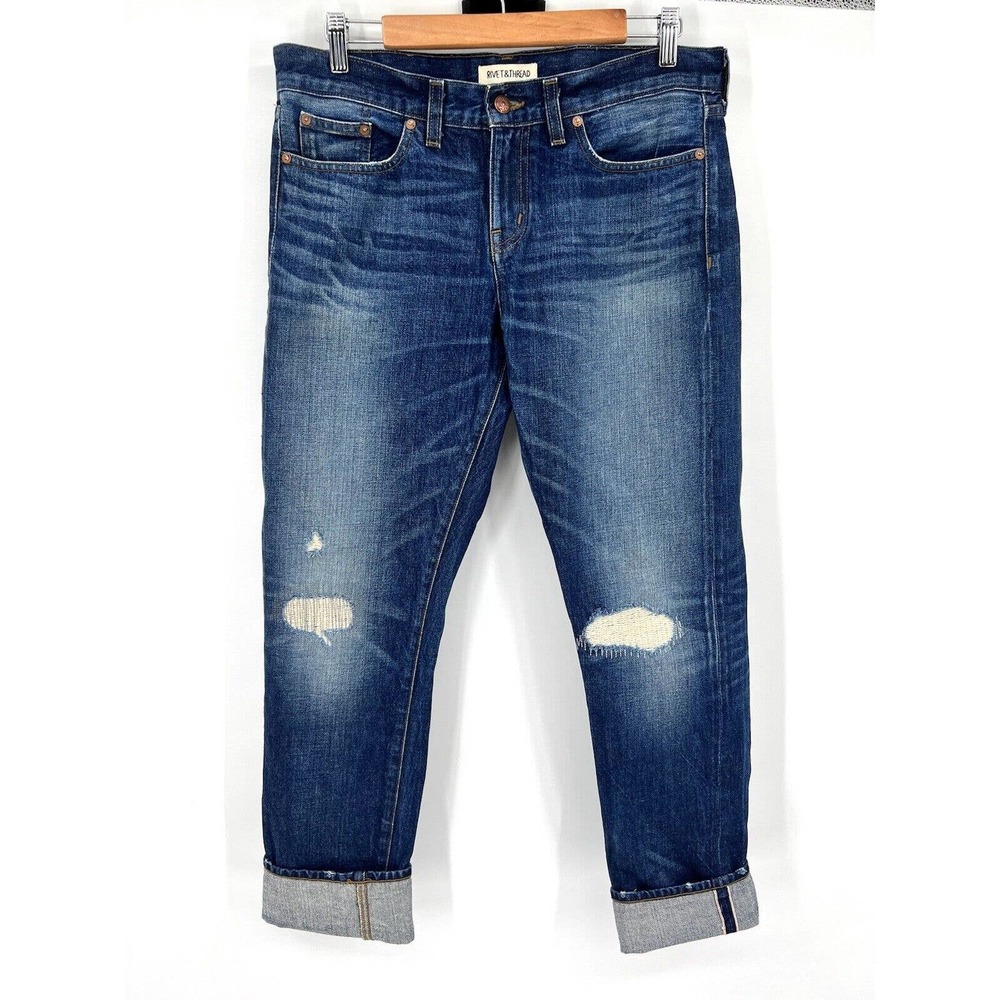 rivet & thread Madewell Wyatt jeans 29 Denim Distressed Stitched Blue Cuffed